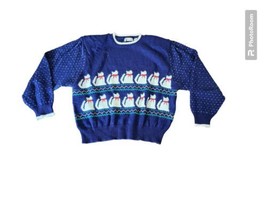 Vintage Lord &amp; Taylor Blue  Knit White Cats Sweater Pullover  - £29.58 GBP