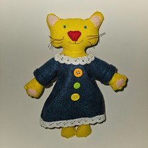 VTG Yellow Kitty Cat Plush Wearing Blue Dress 9.5&quot; Stuffed Animal Toy Handmade? - £22.89 GBP