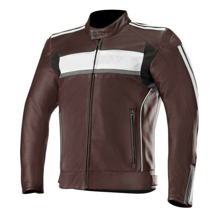 Men's Black Maroon Cont White Striped Motorcycle Real Leather Safety Pads Jacket