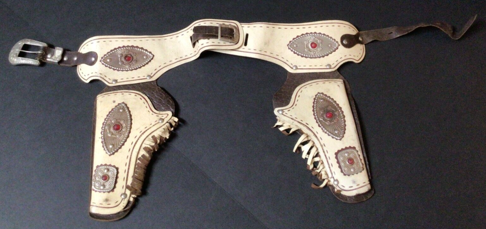 Primary image for Vtg Child's Leather Cap Gun Belt 2 Holsters Toy Western Cowboy Red Jeweled 919A