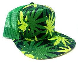 Marijuana Weed Leaf Cannabis Print Green Mesh Trucker Flat Bill Snapback Hat Cap - £8.97 GBP