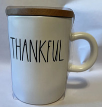 Rae Dunn THANKFUL White Ceramic Lidded Mug Black &amp; Leaf Wood Top Coaster New! - £18.13 GBP