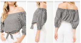 Black White Plaid Shirt Medium Off Shoulder Cropped Top Belly Blouse Che... - $4.75