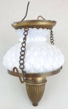 Small Brass Electric Oil Lamp Style Hanging Light w/Pillow Milk Glass Shade 10&quot; - £78.00 GBP
