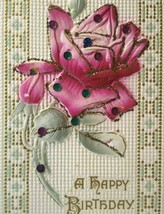 Birthday Postcard Beaded Red Rose Flower Embossed Textured Fancy Grid Background - $9.98