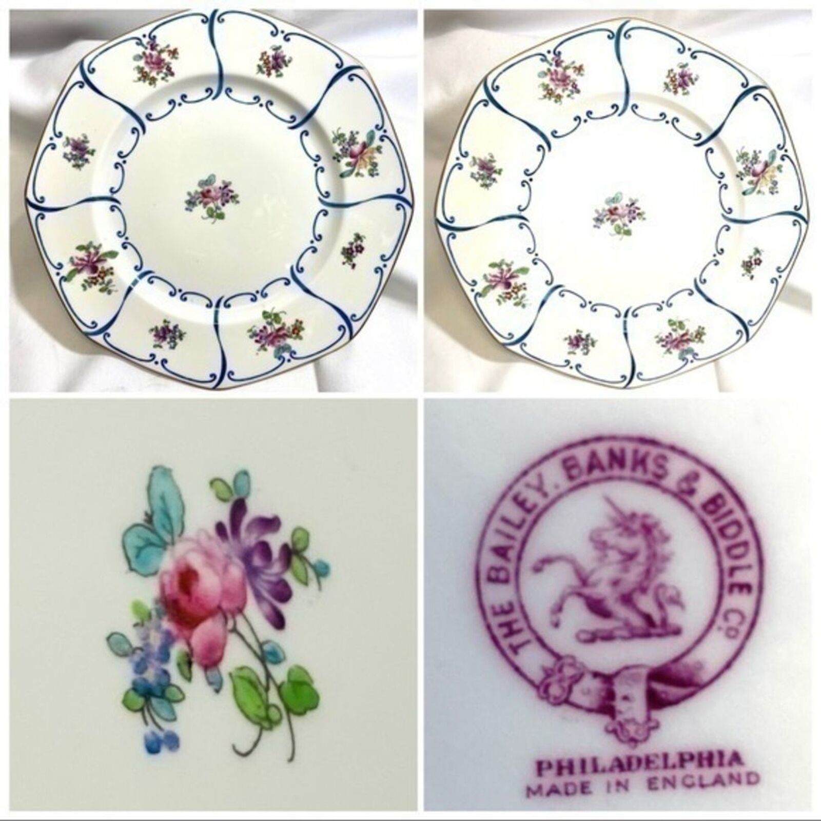 Rare BAILEY BANKS & BIDDLE 5-Dinner Plates Octagonal England 23645A Floral