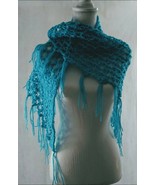 Bright Blue Fantasy Shawl  Handmade Crochet Knit  Wrap Scarf Stole Poncho - $28.71
