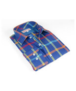 Men Linen Sports Shirt By INSERCH English Plaid European 2905 Blue Multi Checker - $59.99