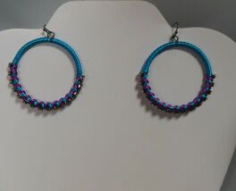 Big Beautiful Blue/Purple Wrapped Hoop Earrings W/Crystal &amp; Hook Closure - $16.82