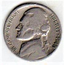 Jefferson Nickel coin 1940 - Circulated - £2.78 GBP