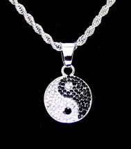 Mini Icy Ying Yang Rhinestone Pendant Silver Plated 24&quot; Rope Hip Hop Necklace - £7.63 GBP