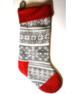 Christmas Stocking Large Gray Red Knitted Snowflake Holiday Christmas Decor - £9.73 GBP