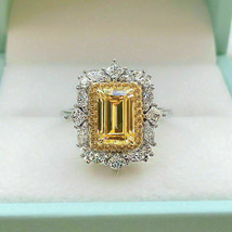 Lab-Created Citrine 3Ct Emerald Cut Halo Engagement Ring 14k White Gold Plated - £104.50 GBP