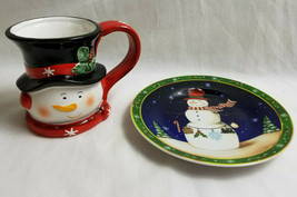 Decorative Christmas Plate &amp; Mug Snowman Coushatta Casino Resort Red Blue - £19.94 GBP