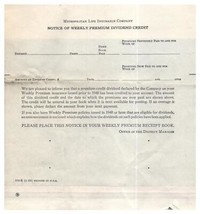 Met Life Assicurazione Credito Dividend Credito Form 1959 - £24.13 GBP