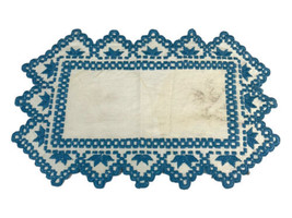 Vintage Crocheted Rectangular Doilie Centerpiece With Blue Design Edge 1... - £11.01 GBP