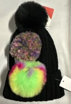 BP  Nordstrom Interchangable Pom Pom Black Fold Front Faux Fur Knit Beanie NWT - $12.00