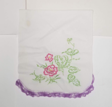 37&quot; Embroidered Dresser Scarf Vintage Purple Crochet Lace Edge Pink Flower 37x15 - £5.45 GBP
