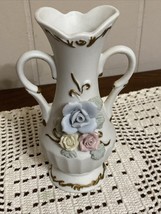 Vintage Bud Vase With Applied 3D Pink &amp; White Roses Gold Embossed ~ 6” - $5.76