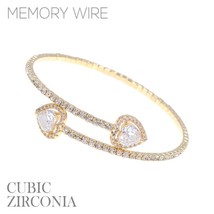 New Gold Rhinestone Heart Cz 1 Line Wire Cuff Bracelet - £10.93 GBP