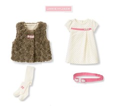 Janie and Jack baby girl &quot;All in Bow&quot;Sherpa Vest/Dress/Tight/Toy 4pc Set 3-6m - £60.97 GBP