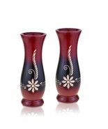 Ravishing Hand Carved Flower Red and Black Mango Tree Wooden Set of  2 Vase - £19.85 GBP
