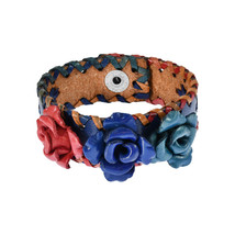 Three Rose Bouquet Red and Blue Handcrafted Leather Bracelet - £9.99 GBP
