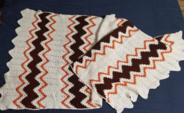 Chevron Stripe Afghan Crochet Blanket Brown Beige Cozy Long Skinny Knit 90x40 - £8.56 GBP