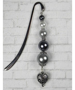 Heart Beaded Bookmark Handmade Glass Pearls Black Grey White 3&quot; New - £10.32 GBP