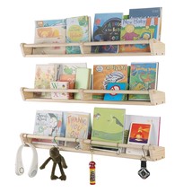 Nursery Bookshelves, 33Inch,Set Of 3,Floating Nursery Shelves With 6 S Hooks, Wo - £63.15 GBP