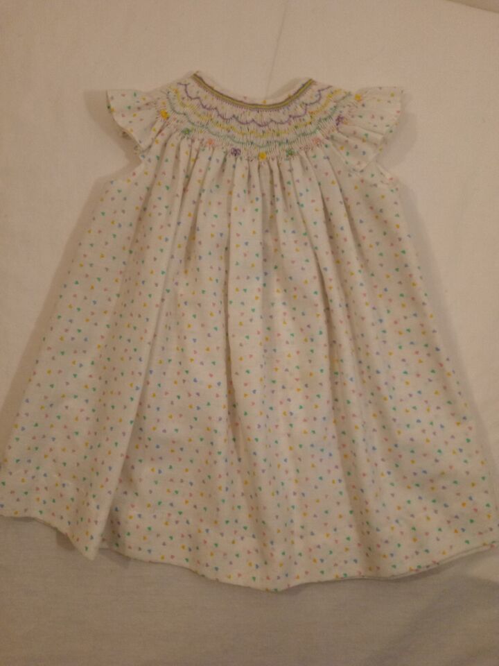 Primary image for Vintage Girls Handmade Pastel Heart Polka Dot Smocked Bishop Dress