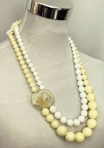 Bead Necklace Graduated Double Strand Chunky Beaded Pendant Off White Cream - £14.86 GBP