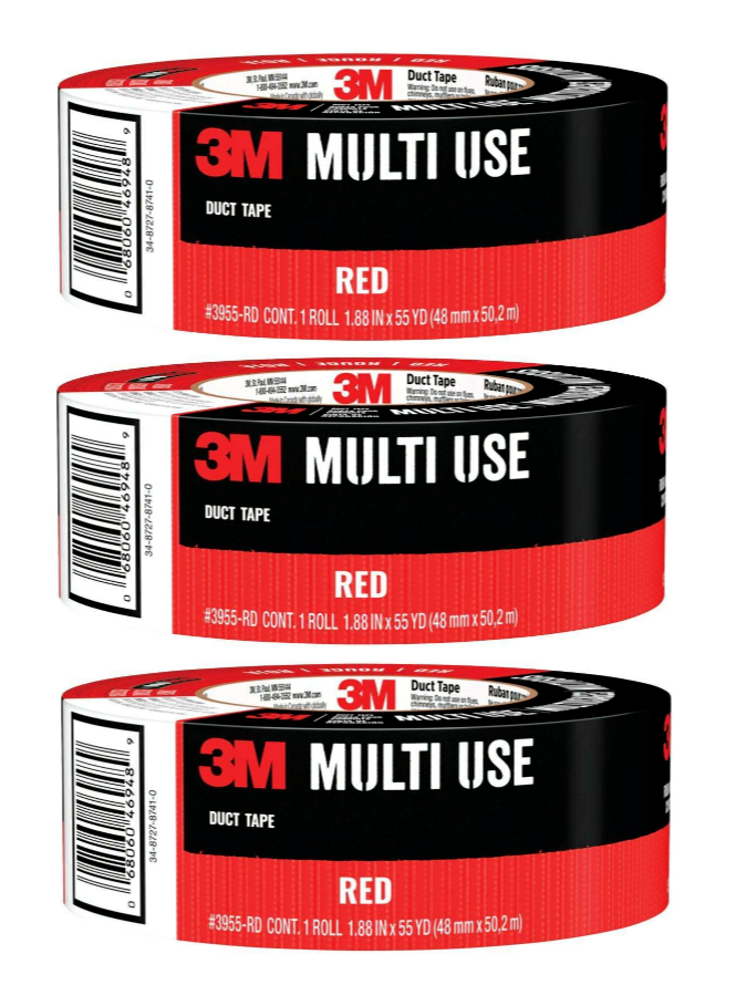 3M Tough Red Rubberized Duct Tape 1.88in x 55 Yard 3 Pack Masking
