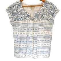 Lucky Brand Peasant Top S Blouse Embroidered Floral Balloon Waist Blue White - £15.02 GBP