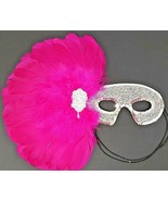 Mardi Gras Silver Sequined Mask Elegant Embellished W/Pink Feather &amp; Fau... - $14.99
