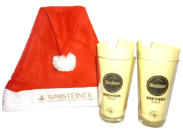 2 Warsteiner Brewers Gold German Beer Glasses, Santa Claus Hat &amp; Key Ring - $19.95