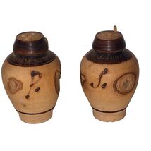 Vintage Mini Wood Handmade Salt &amp; Pepper Shaker Set With Handles Rustic ... - $17.00