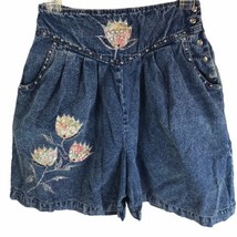 Pretty Bleu Vintage Denim Shorts M Embellished Floral Elastic Waist High... - £18.64 GBP