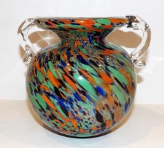 Exquisite Vintage Art Glass Spatter Glass MULTI-COLOR Handled 6 1/4&quot; Vase - £69.63 GBP