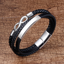 Stainless Steel Leather Bracelet Infinity Logo Special Popular Pattern Men&#39;s Bra - £12.02 GBP
