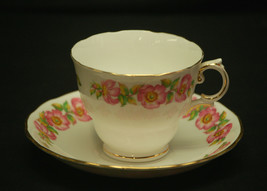 Fine Bone China by Royal Vale Footed Cup &amp; Saucer Set Pink Blossoms w Gold Trim - £15.49 GBP