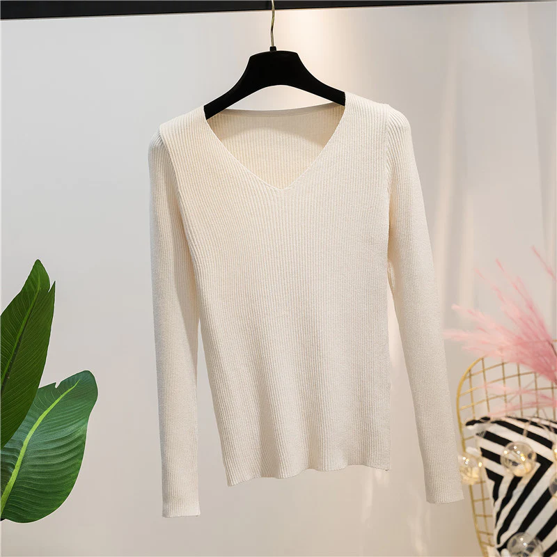 Beige Autumn And Winter V-neck Knitted Long-sleeved Slim - $35.60