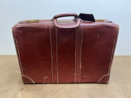Vintage Leather Brown Luggage Suitcase briefcase decor cowhide train case lock - $39.99