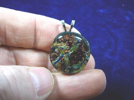 (DL-639) Orange Green Shimmer Black Dichroic Fused Glass Round Pendant Jewelry - £22.08 GBP