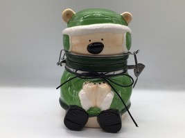 Conagra Brands Ceramic Polar Bear Cookie Jar Green Holiday Winter 8x5 in - $15.79