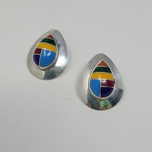 Vintage 925 Silver Pierced Earrings Colorful Enamel Inlay Teardrop Shape 80s - £13.94 GBP