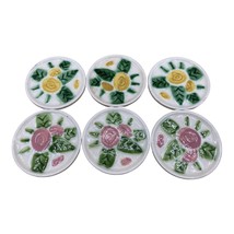 Vintage Art Pottery Coasters LOT 6 Pink Yellow Roses Flowers 3” Bunko - $24.74