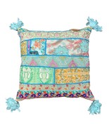 Patchwork Throw Pillow Green Colorful Embroidered Sequin Floral Pom Pom ... - £23.53 GBP