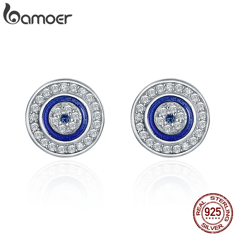 Authentic 925 Sterling Silver Blue Evil Eye Round Stud Earrings for Women Fashio - £21.02 GBP