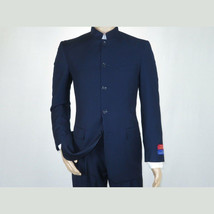 Men Apollo King Banded Collarless suit Mandarin 5 Buttons Wide leg M5-2 Navy image 3